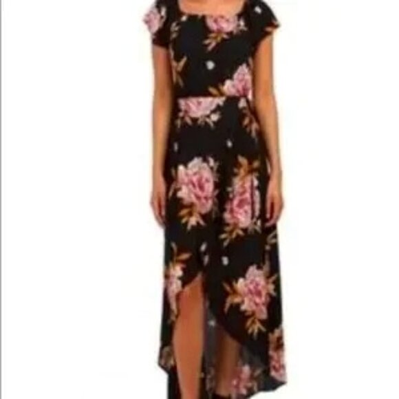Band of Gypsies Dress Maxi Wrap Black Pink Floral Boho Crinkle Gauze Flutter MED - Picture 1 of 10